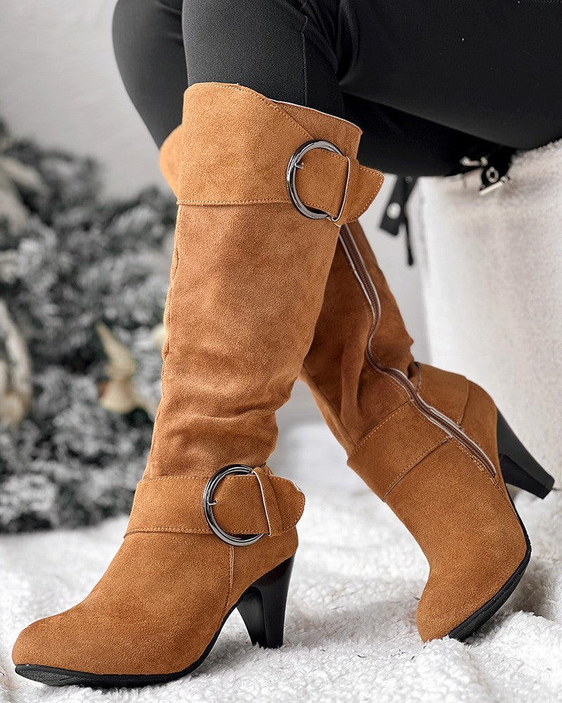 Buckled Chunky Heel Velvet Calf Boots