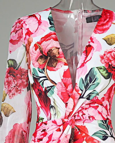 Mesh Puff Lantern Sleeve Twisted Floral Print Dress