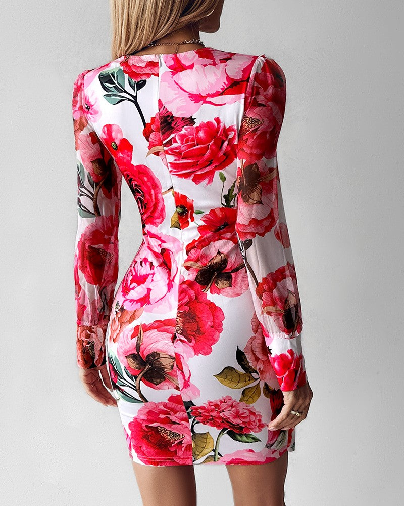 Mesh Puff Lantern Sleeve Twisted Floral Print Dress