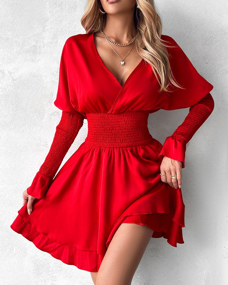 Bell Sleeve Shirred Ruffles Casual Dress