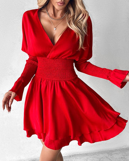 Bell Sleeve Shirred Ruffles Casual Dress