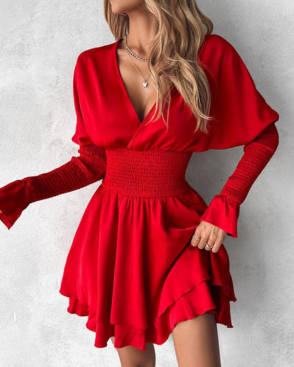 Bell Sleeve Shirred Ruffles Casual Dress