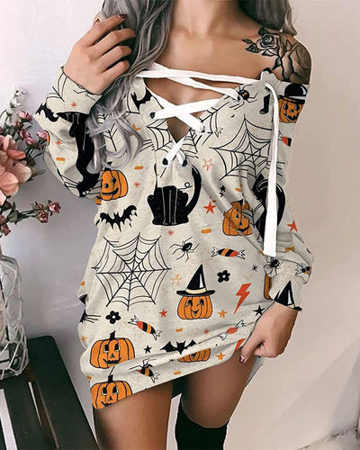 Halloween Graphic Pumpkin Print Eyelet Lace up Sweatshirt Dress