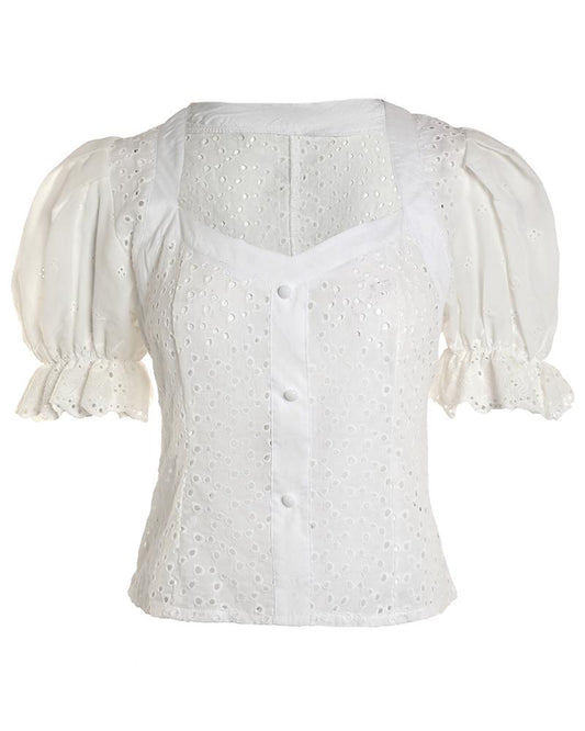 Eyelet Embroidery Buttoned Puff Sleeve Top