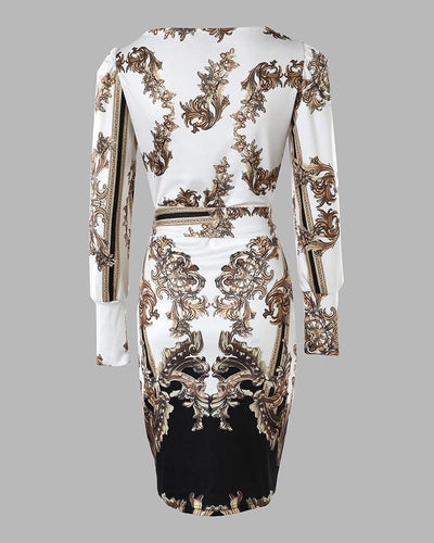 Baroque Print Gigot Sleeve Bodycon Dress