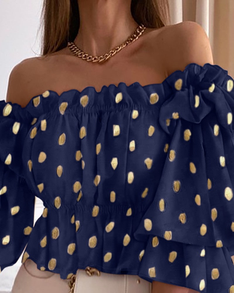 Metallic Polka Dot Print Off Shoulder Top