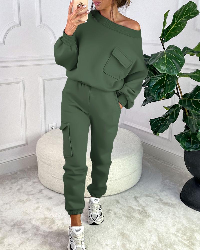 Round Neck Pocket Design Sweatshirt & Cuffed Sweatpants Set