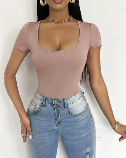 Square Neck Short Sleeve Ribbed Bodysuit