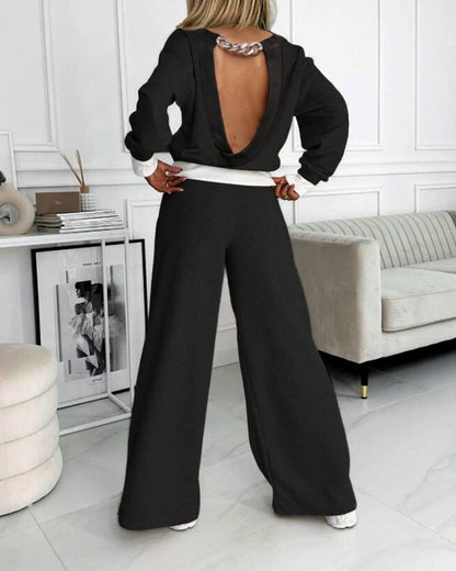 Contrast Paneled Chain Decor Sweatshirt & Wide Leg Sweatpants Set