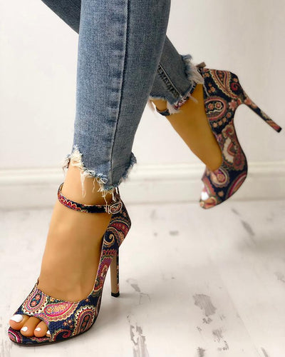 Ethnic Print Peep Toe Ankle Strap Thin Heeled Sandals