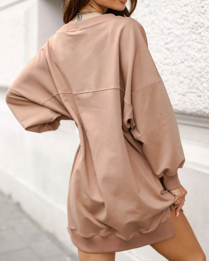 Long Sleeve Flap Pocket Split Hem Sweatshirt Dress