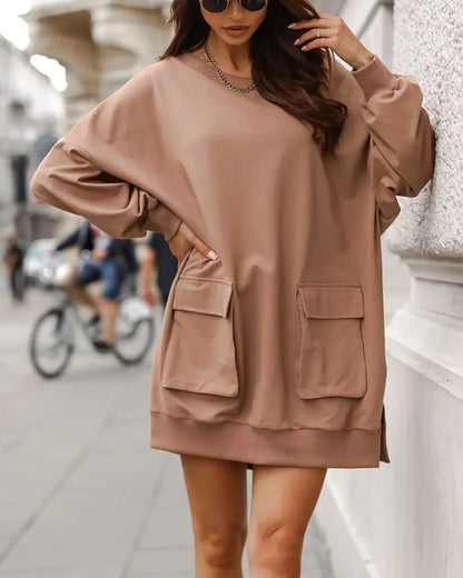 Long Sleeve Flap Pocket Split Hem Sweatshirt Dress