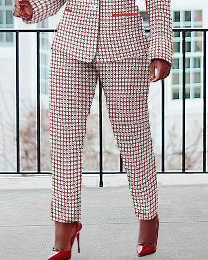 Plus Size Plaid Print Shawl Collar Blazer Coat & Pants Set