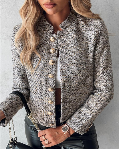 Stand Collar Buttoned Tweed Coat