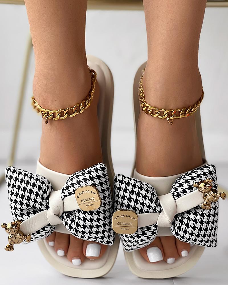 Houndstooth Bowknot Design Summer Slippers