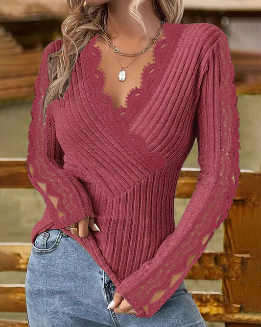 V Neck Lace Patch Long Sleeve Top