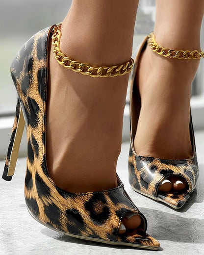 Leopard Peep Toe Stiletto Heels Sandals