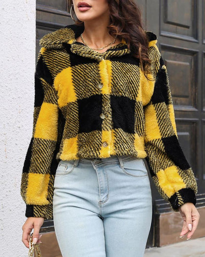 Plaid Pattern Long Sleeve Fuzzy Coat