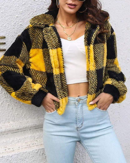 Plaid Pattern Long Sleeve Fuzzy Coat