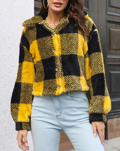 Plaid Pattern Long Sleeve Fuzzy Coat