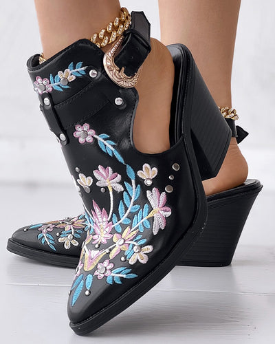 Floral Embroidery Studded Slingback Buckled Boots