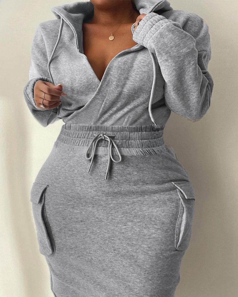 Plus Size Pocket Design Drawstring Hooded Dress