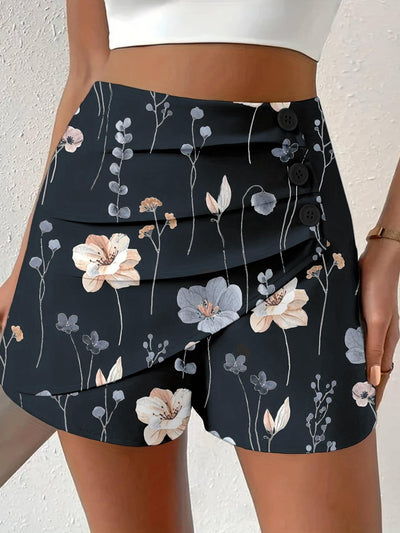 Floral Print Side Button Ruched Shorts