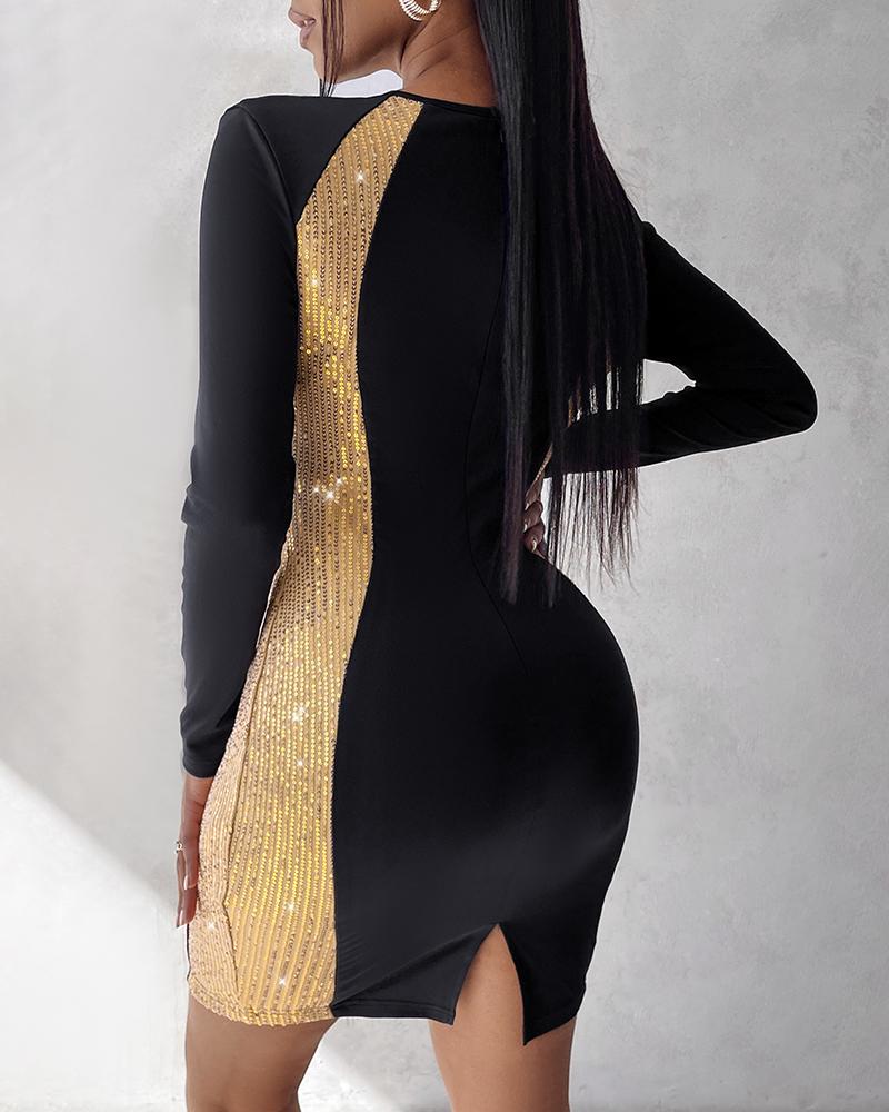 Contrast Sequin Long Sleeve Slit Bodycon Dress