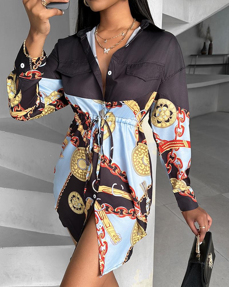 Chain Scarf Print Button Front Shirt Dress