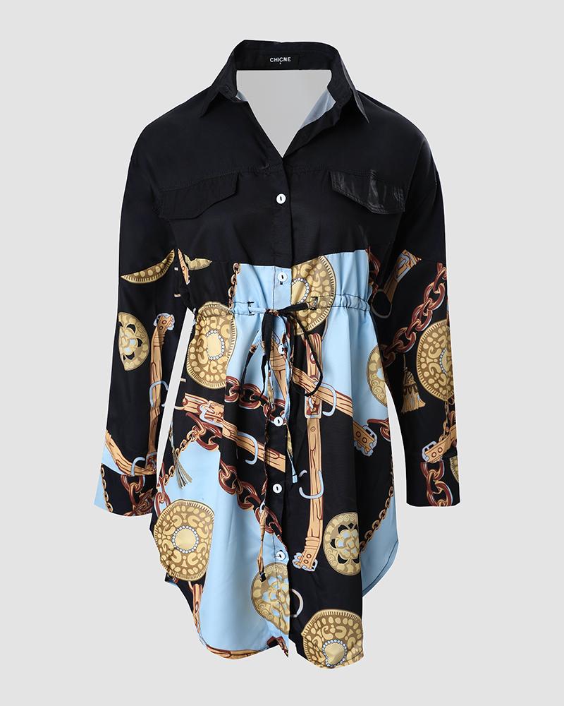 Chain Scarf Print Button Front Shirt Dress