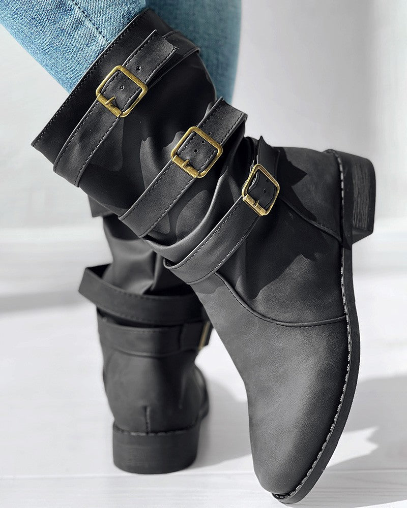 Buckled Vintage Chunky Heel Ankle Boots