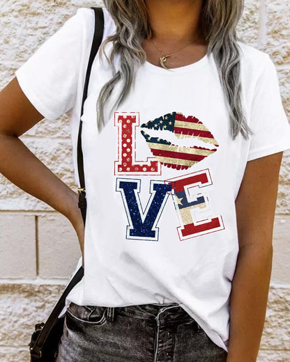 Independence Day Flag Love Letter Print Casual T shirt