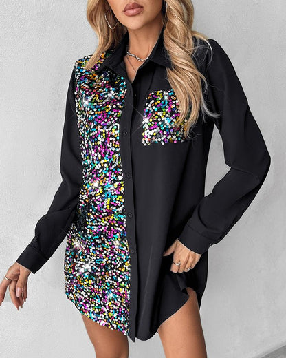 Colorblock Contrast Sequin Shirt Dress