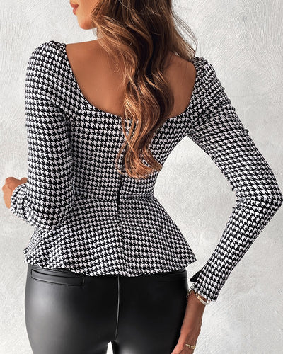 Houndstooth Print Square Neck Top