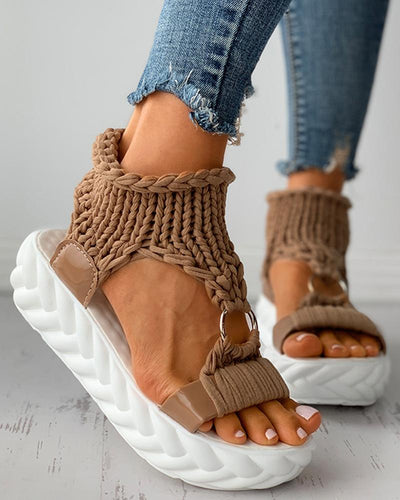 Braided Knit O Ring Cutout Platform Sandals