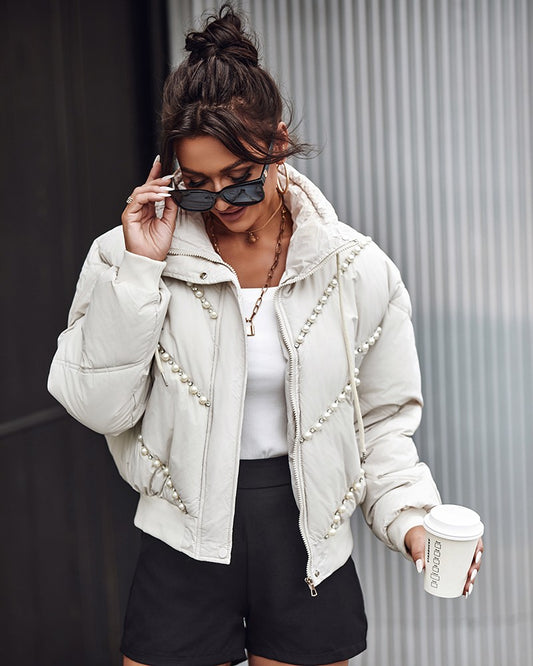 Stand Collar Beaded Quilted Puffer Coat