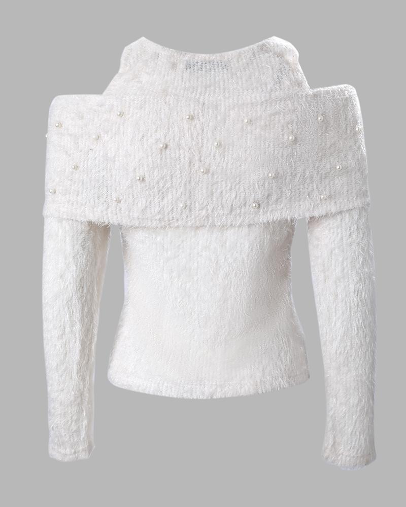 Cold Shoulder Beaded Fluffy Knit Sweater