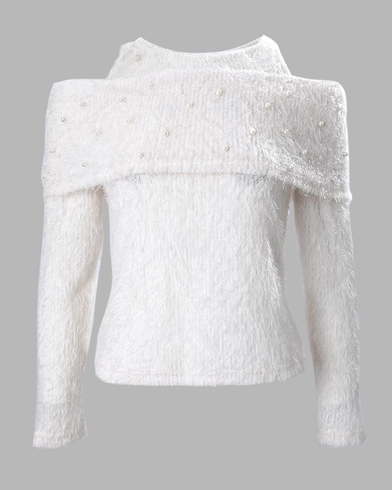 Cold Shoulder Beaded Fluffy Knit Sweater