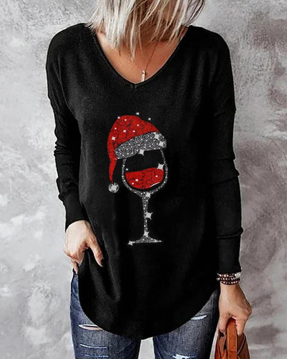 Christmas Hat Wine Glasses Print Long Sleeve Top