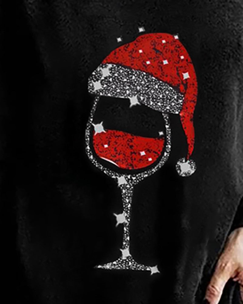 Christmas Hat Wine Glasses Print Long Sleeve Top