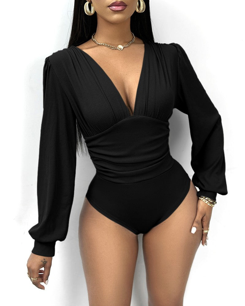 Deep V Neck Ruched Ribbed Bodysuit