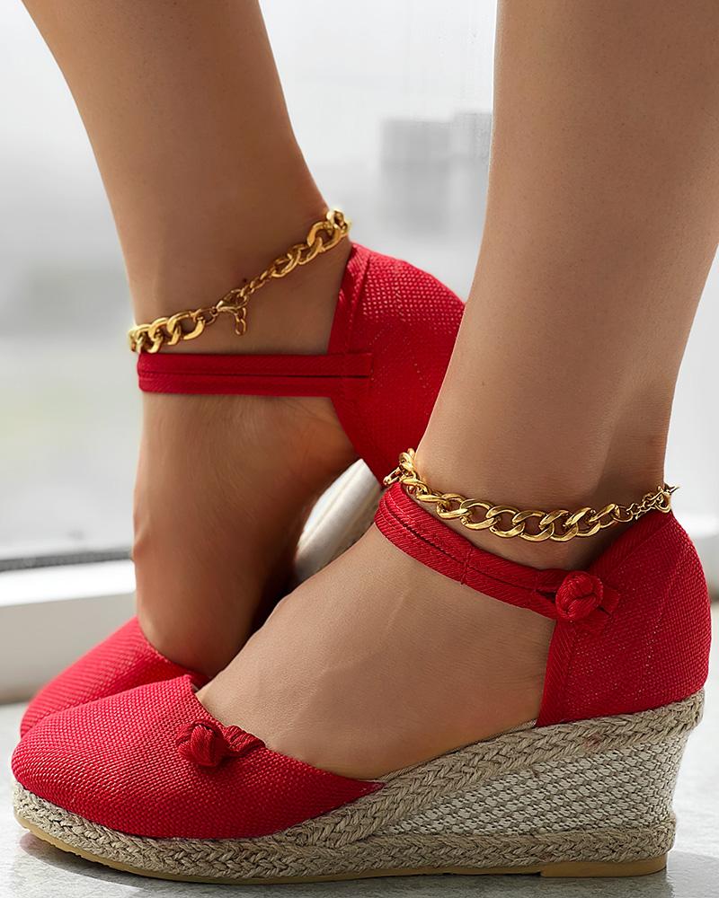 Braided Espadrille Knot Button Ankle Strap Wedge Sandals