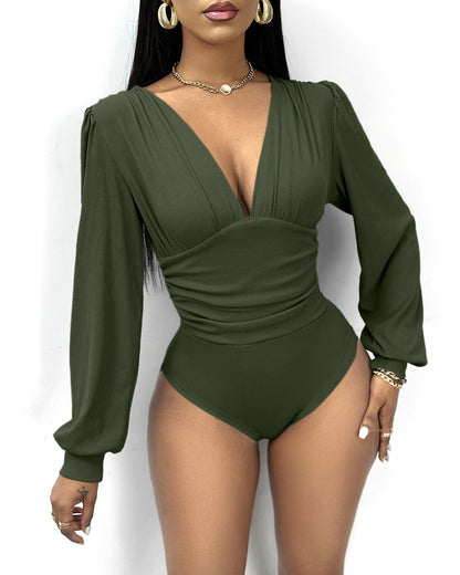 Deep V Neck Ruched Ribbed Bodysuit