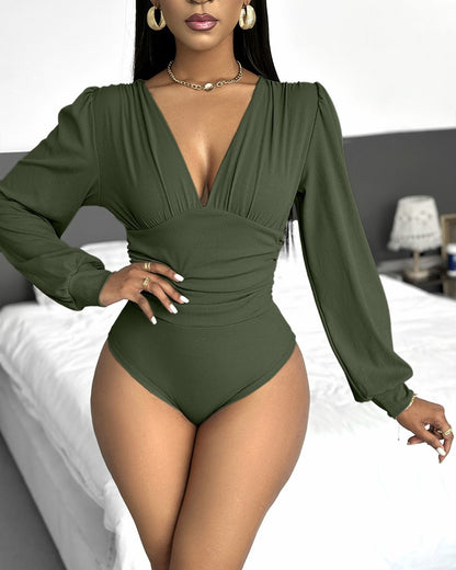 Deep V Neck Ruched Ribbed Bodysuit