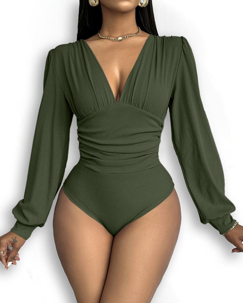 Deep V Neck Ruched Ribbed Bodysuit