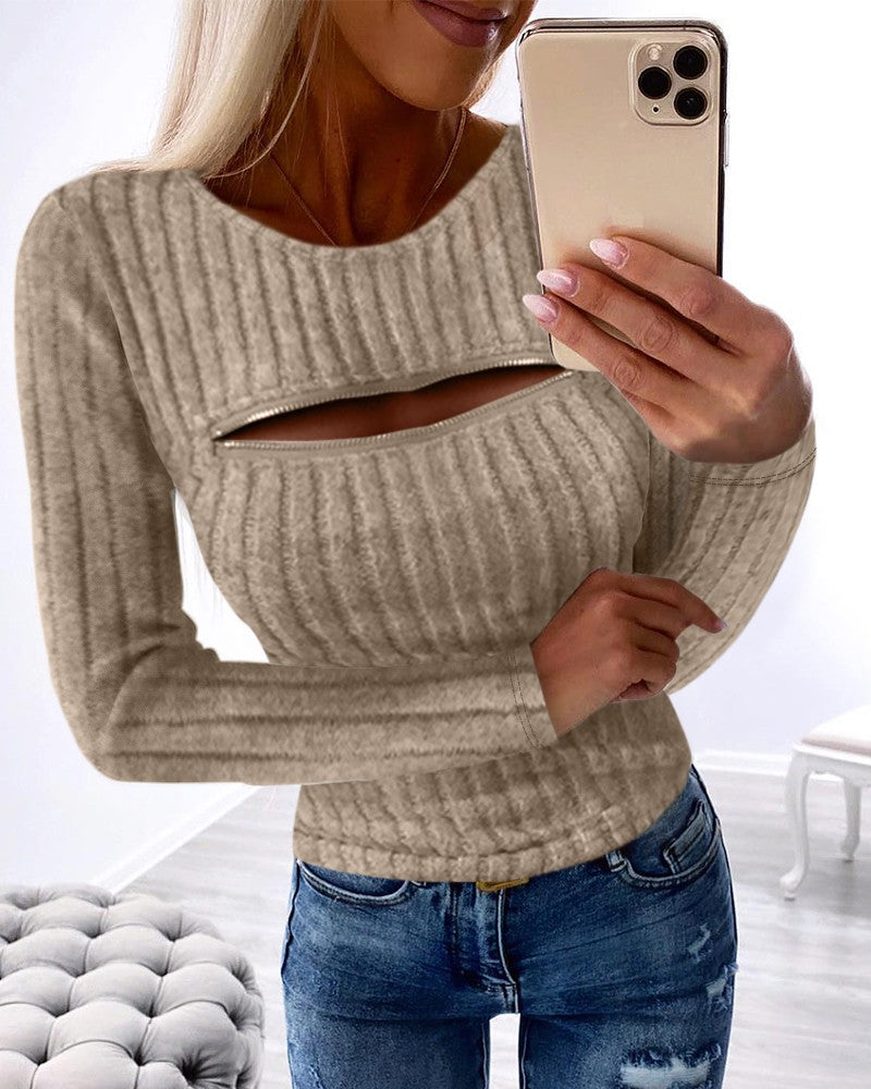 Round Neck Zipper Design Knit Top