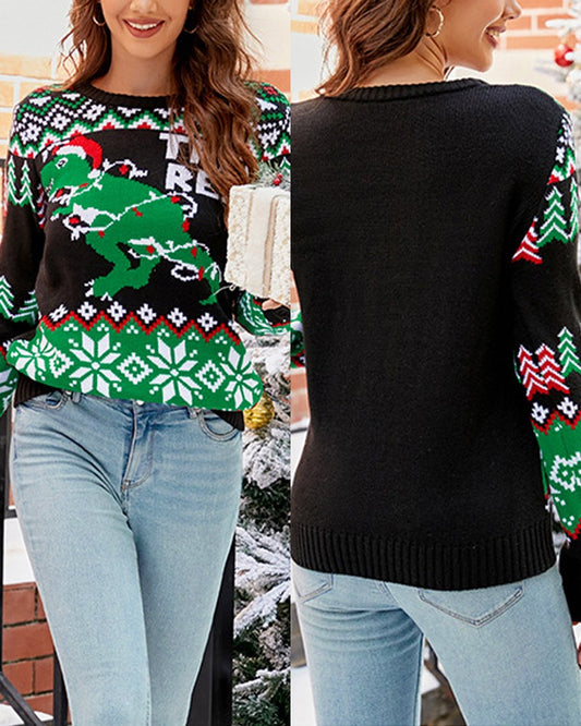 Christmas Geometric Dinosaur Letter Pattern Sweater