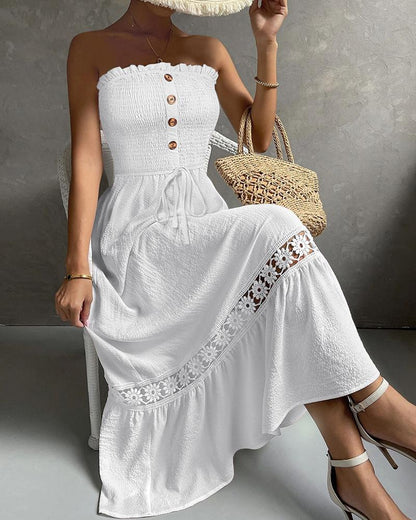 Bandeau Shirred Lace Patch Maxi Dress