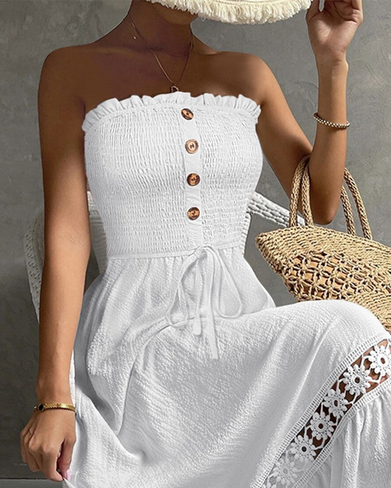 Bandeau Shirred Lace Patch Maxi Dress