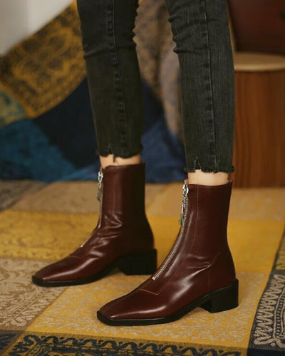 Zip Front Square Toe Chunky Boots